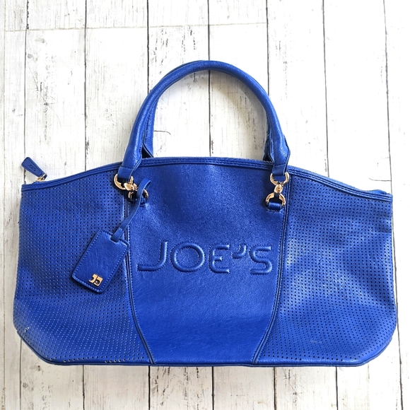 Joe's Large Blue Weekender Handbag Purse Vegan Leather Tote Bag Zip up Gold - Picture 14 of 16